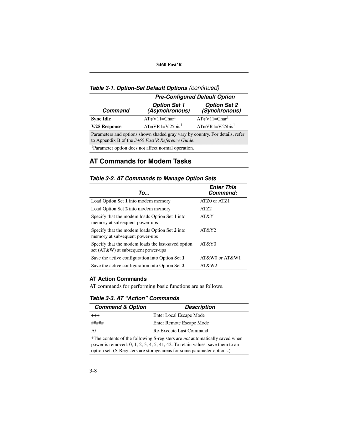 Motorola 3460 manual AT Commands for Modem Tasks, AT Commands to Manage Option Sets Enter This, AT Action Commands 