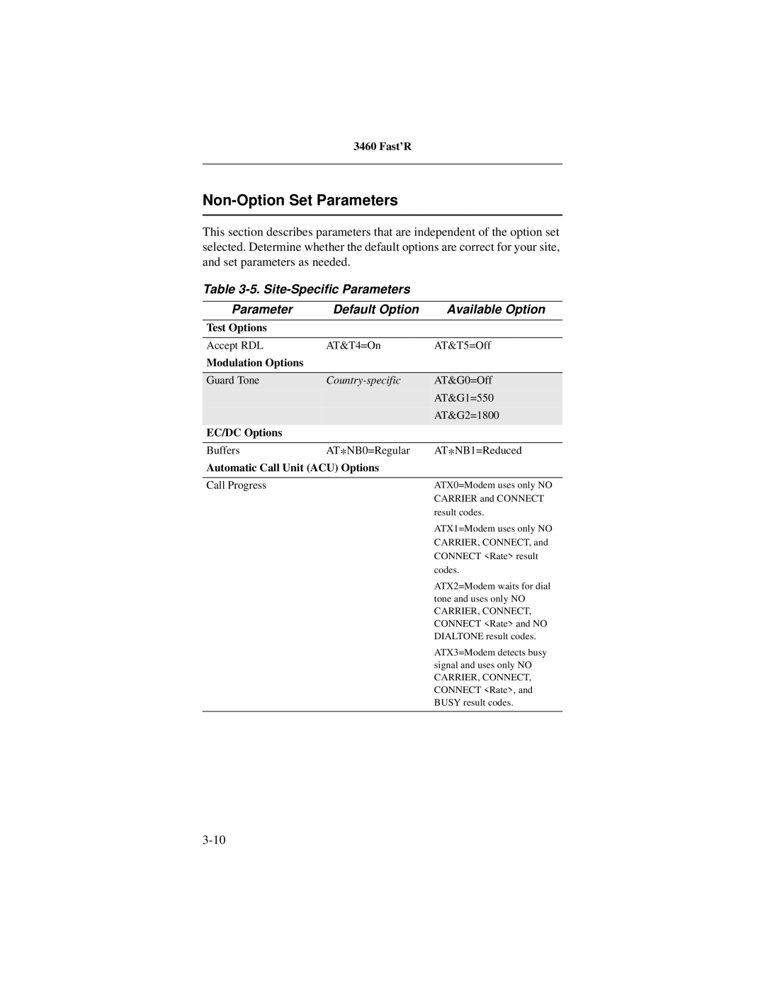 Motorola 3460 manual Non-Option Set Parameters, Site-Specific Parameters Default Option Available Option 