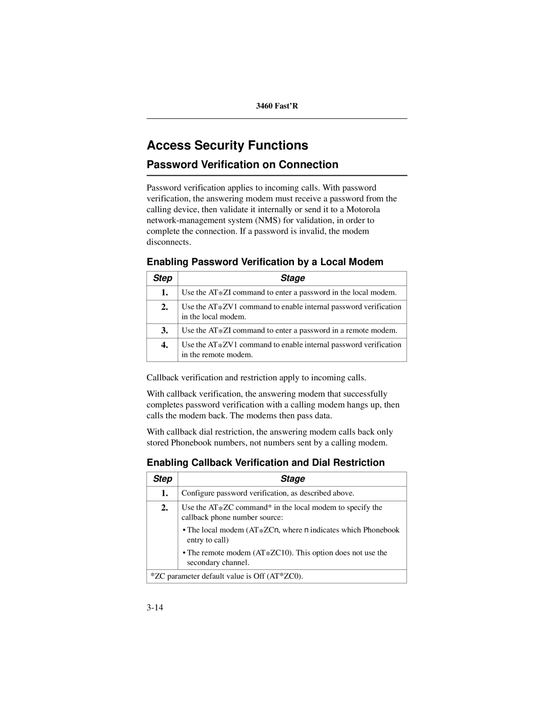 Motorola 3460 manual Access Security Functions, Password Verification on Connection 