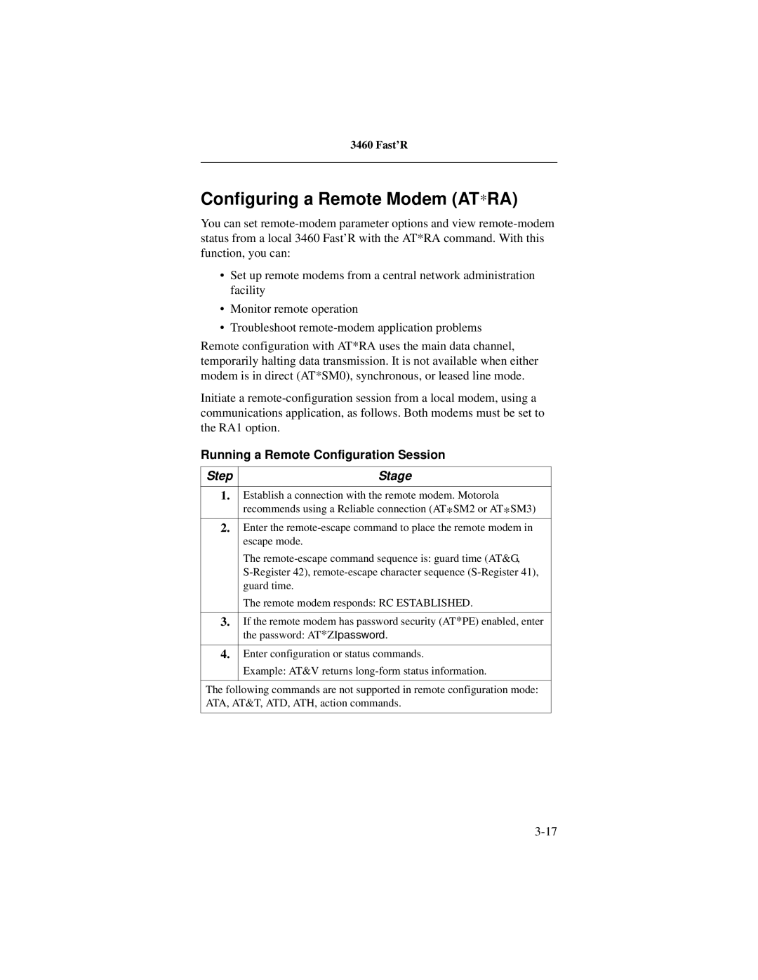 Motorola 3460 manual Configuring a Remote Modem AT*RA, Running a Remote Configuration Session 