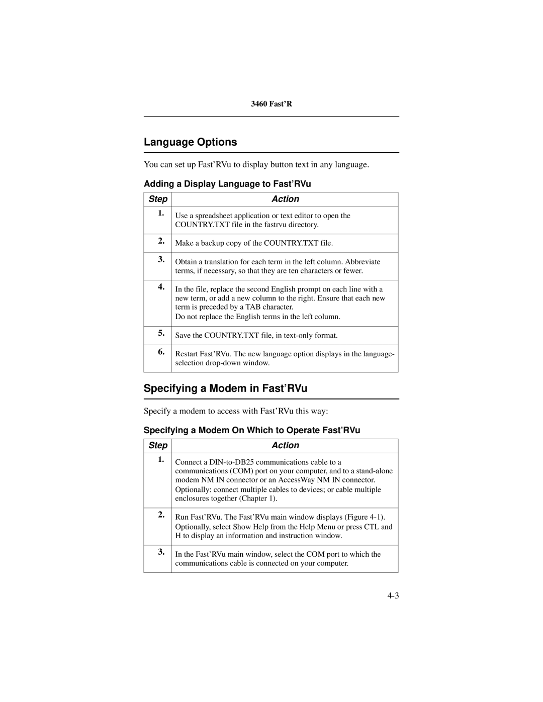 Motorola 3460 manual Language Options, Specifying a Modem in Fast’RVu, Adding a Display Language to Fast’RVu 