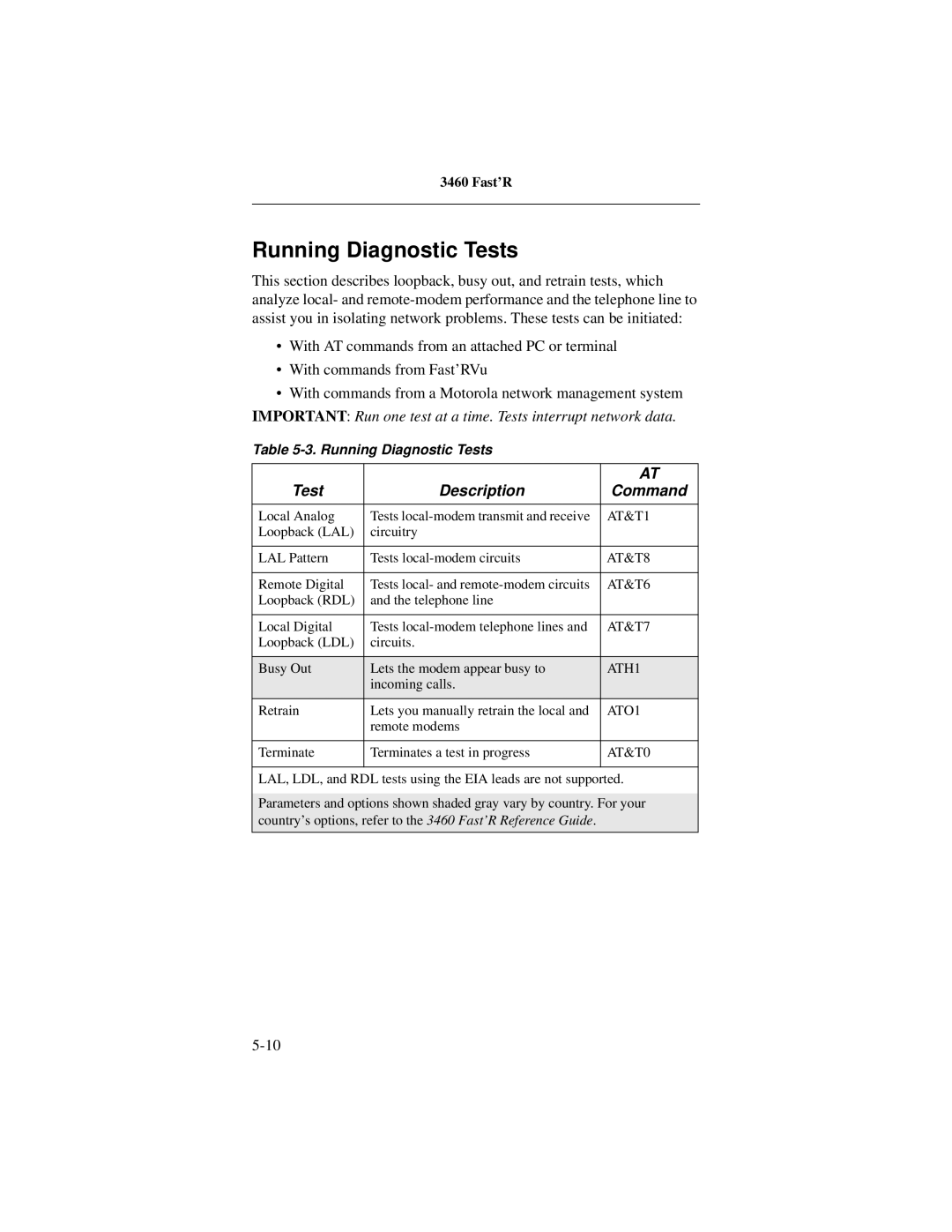 Motorola 3460 manual Running Diagnostic Tests, Test Description Command 