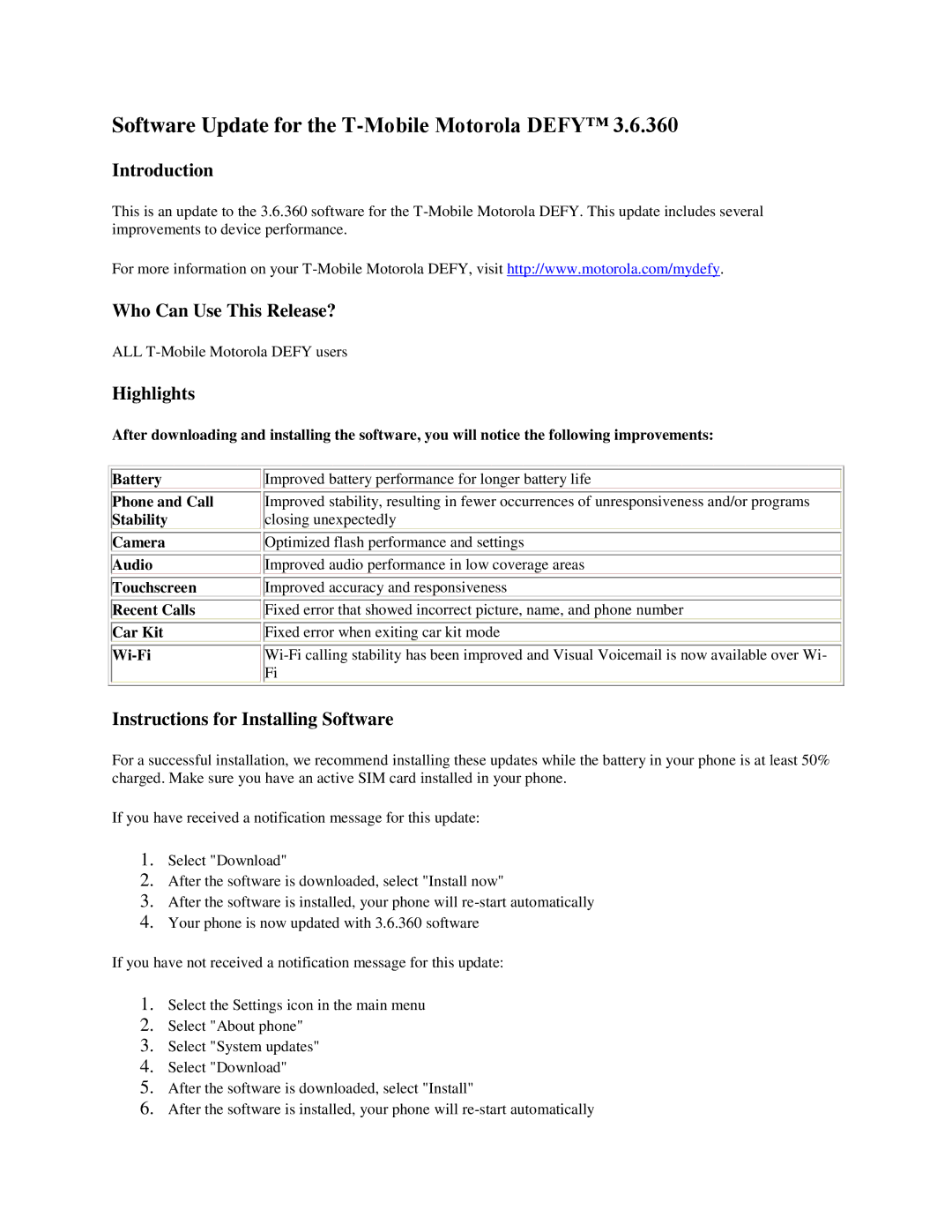 Motorola 3.6.360 manual Software Update for the T-Mobile Motorola Defy, Introduction, Who Can Use This Release? 