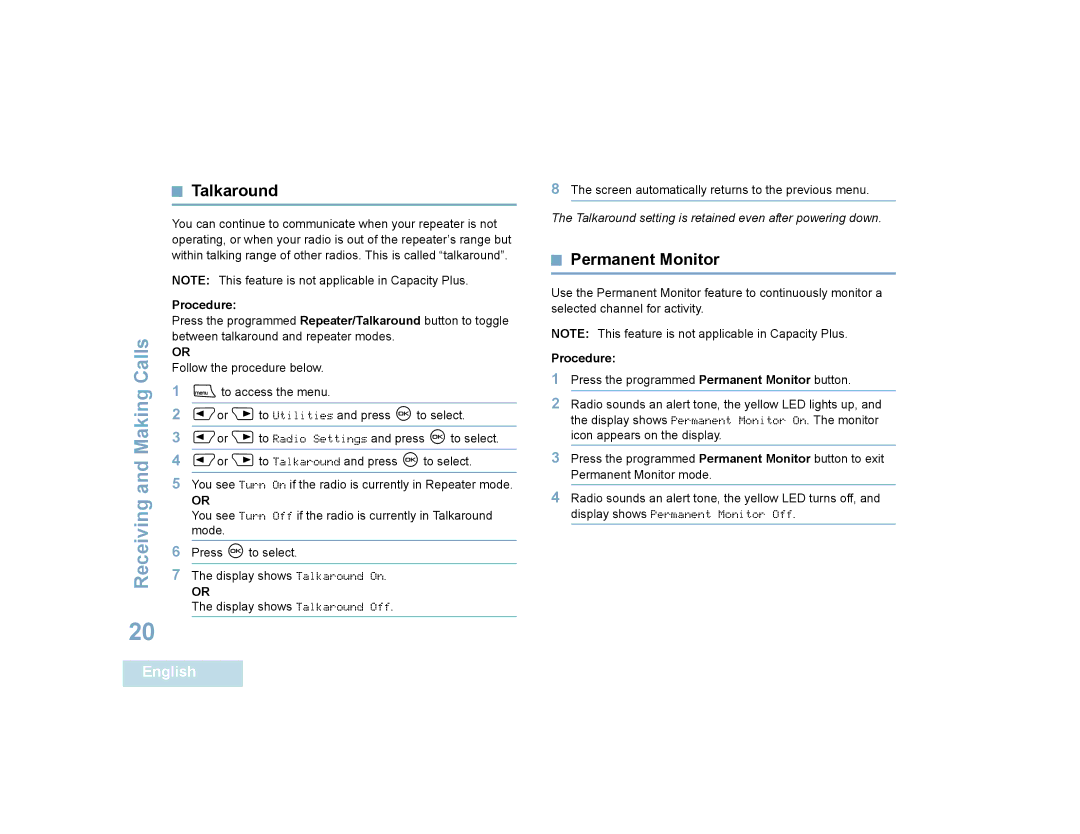 Motorola 4580, 4550 manual Talkaround, Permanent Monitor 