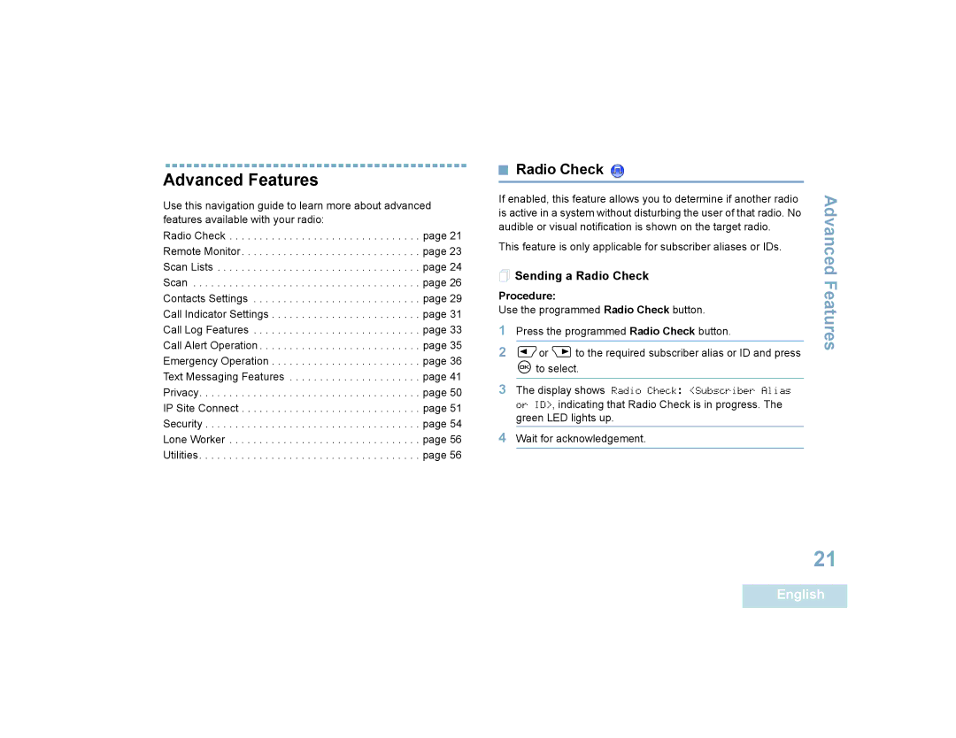 Motorola 4550, 4580 manual Advanced Features,  Sending a Radio Check 