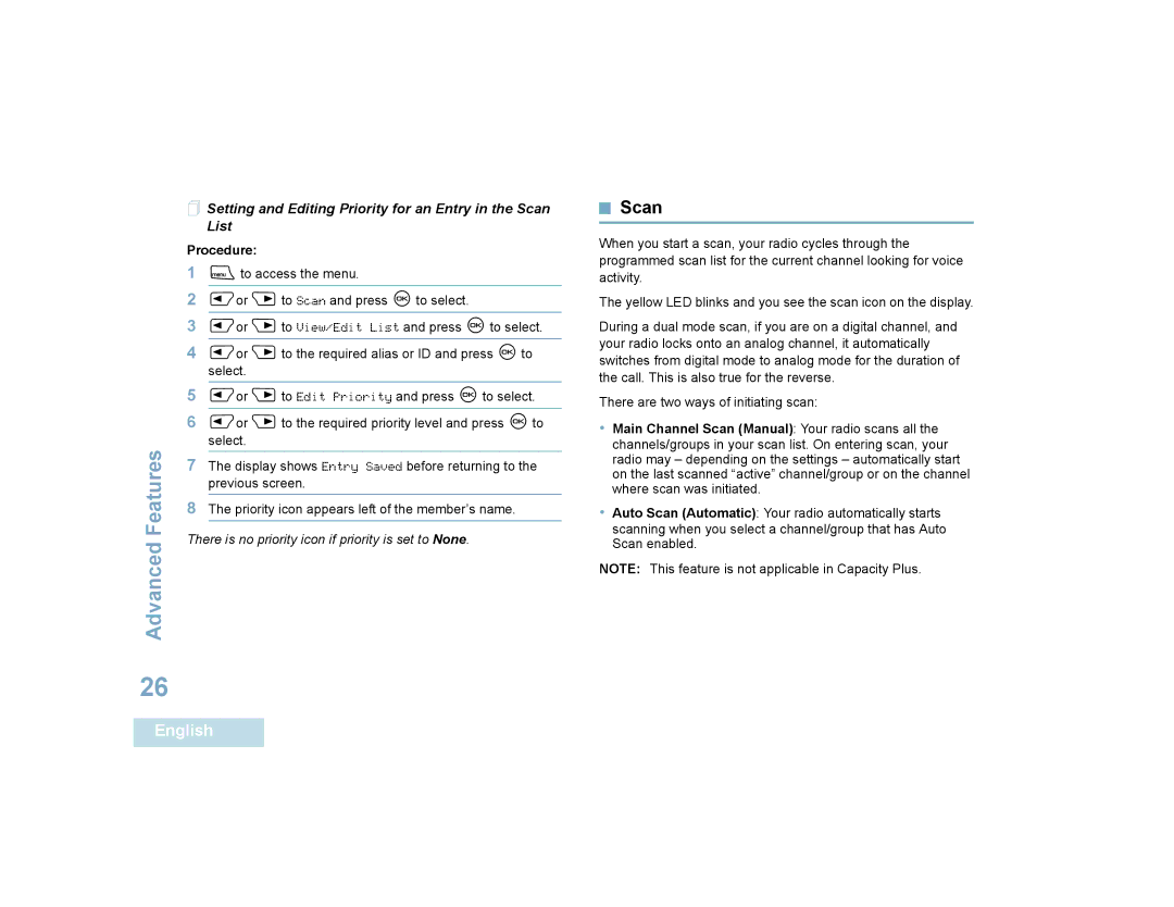 Motorola 4580, 4550 manual  Setting and Editing Priority for an Entry in the Scan List 