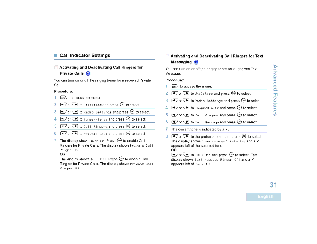 Motorola 4550, 4580 manual Call Indicator Settings,  Activating and Deactivating Call Ringers for Private Calls 