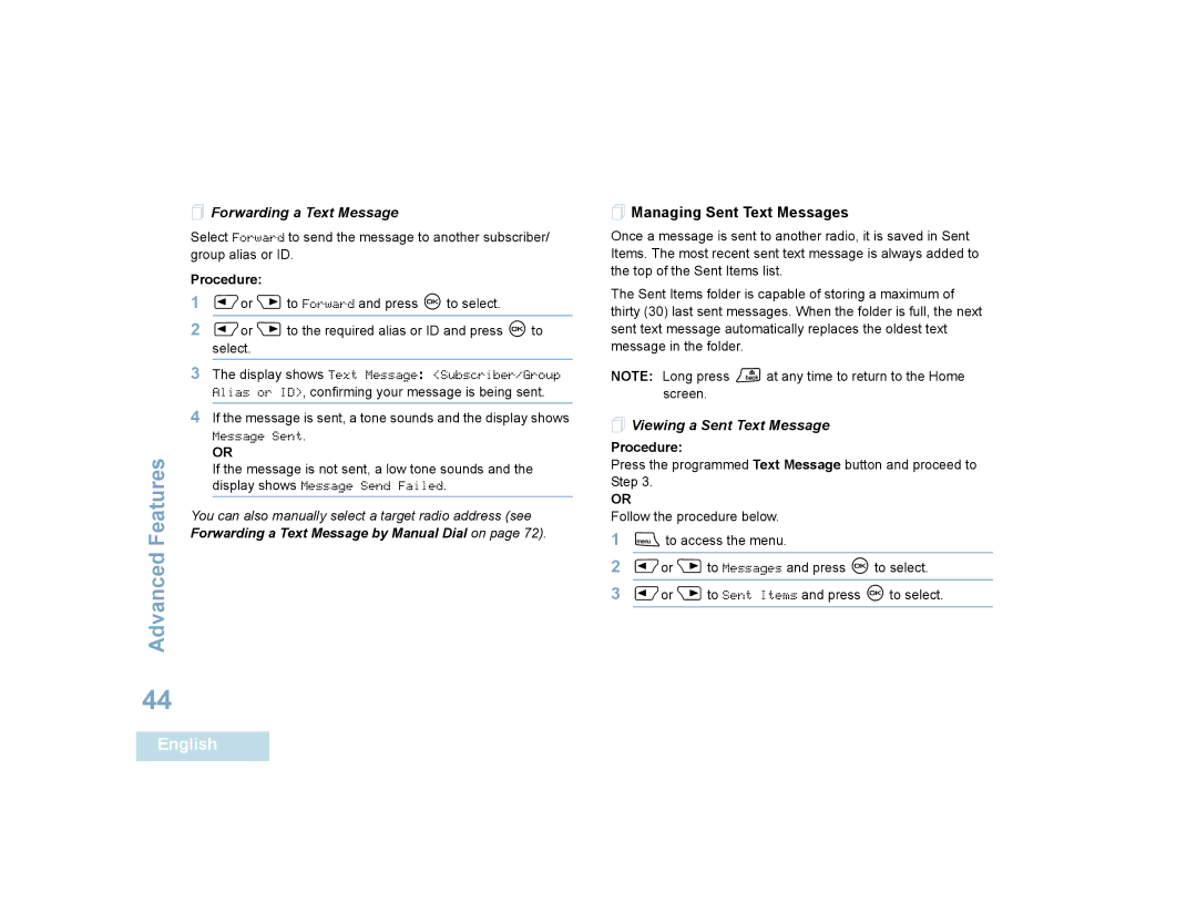 Motorola 4580, 4550 manual  Forwarding a Text Message,  Managing Sent Text Messages,  Viewing a Sent Text Message 