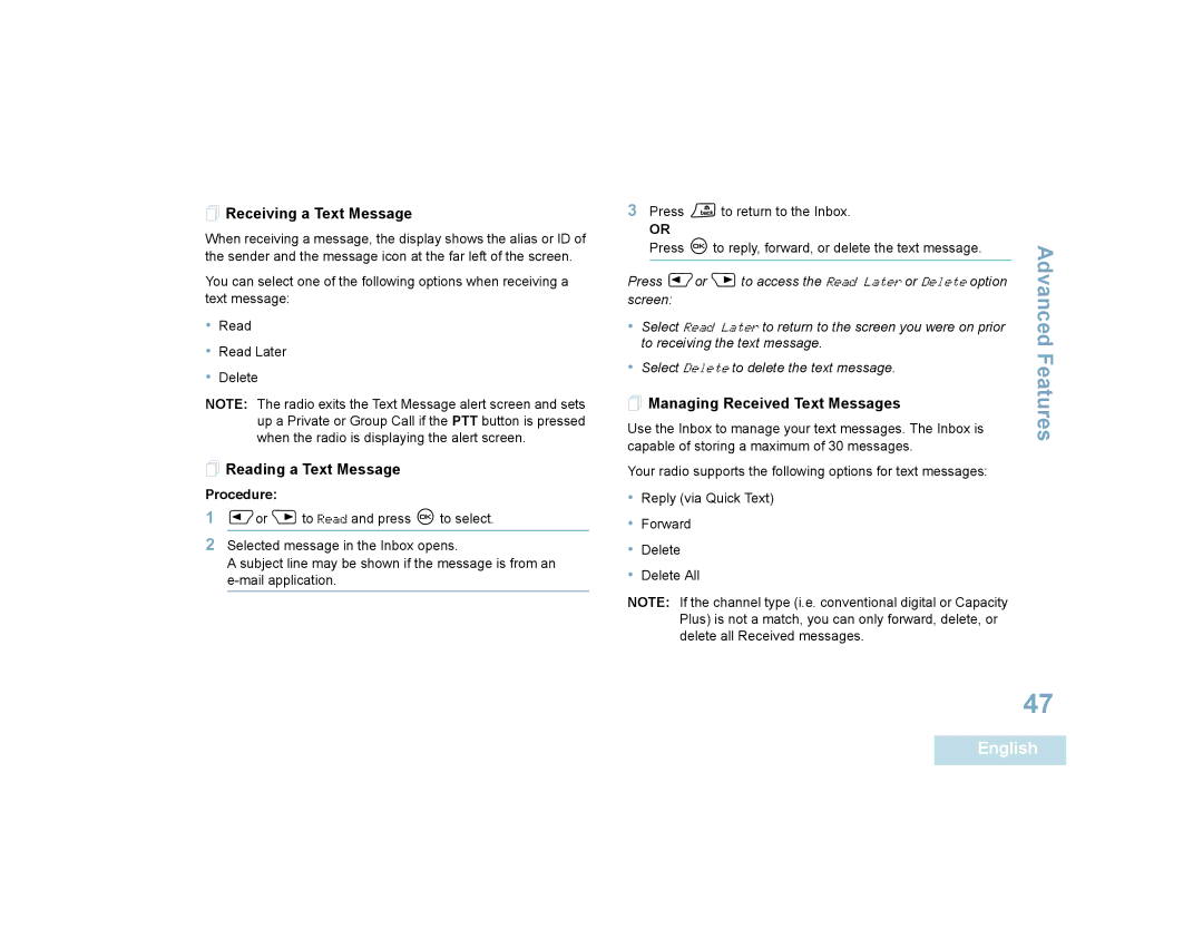 Motorola 4550, 4580 manual  Receiving a Text Message,  Reading a Text Message,  Managing Received Text Messages 