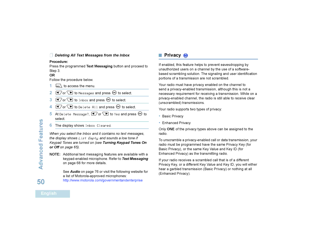 Motorola 4580, 4550 manual Privacy,  Deleting All Text Messages from the Inbox 