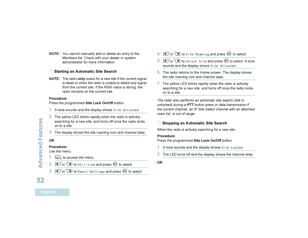 Motorola 4580, 4550 manual  Starting an Automatic Site Search,  Stopping an Automatic Site Search 