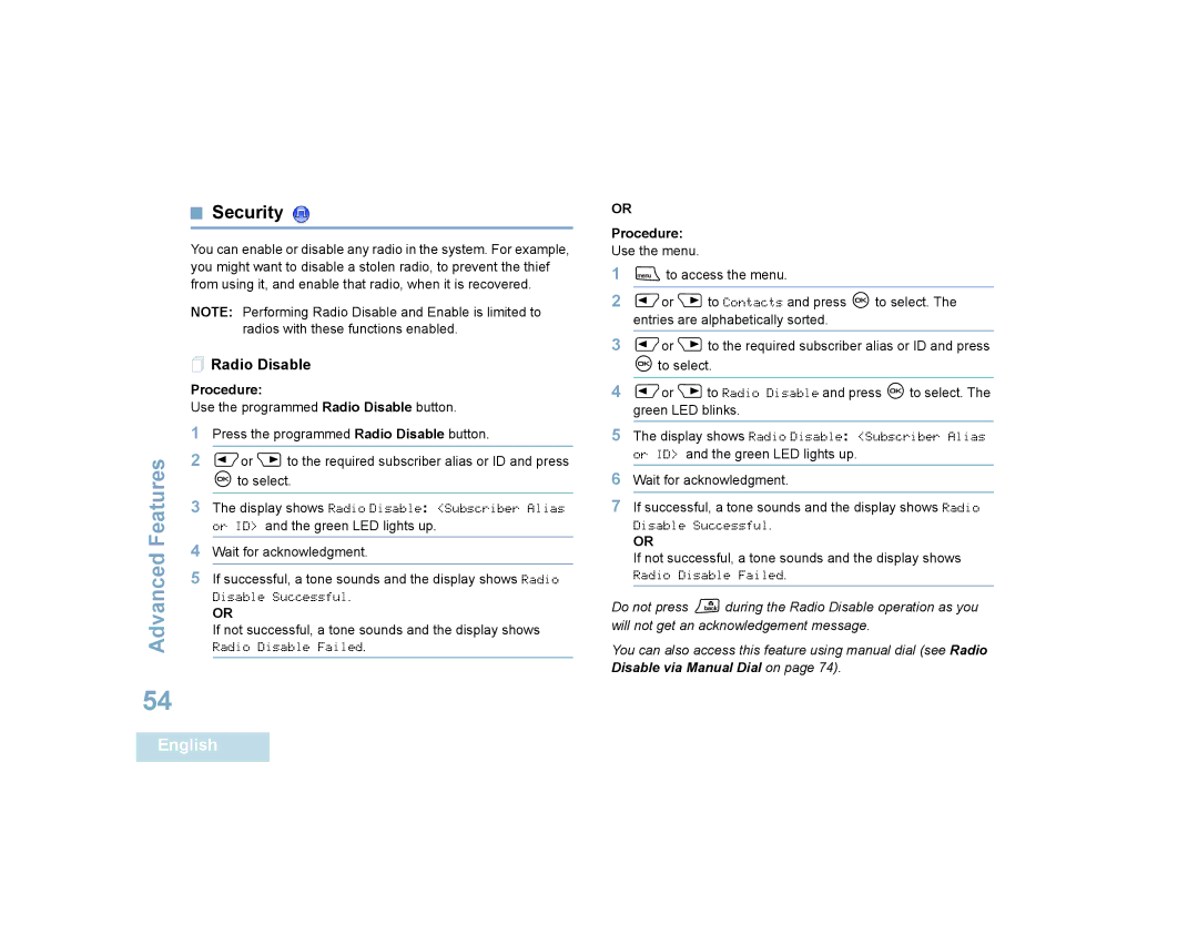 Motorola 4580, 4550 manual Security,  Radio Disable 