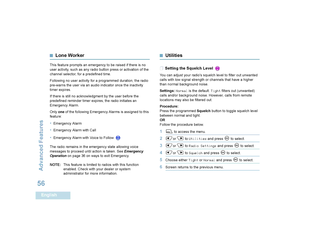 Motorola 4580, 4550 manual Lone Worker, Utilities,  Setting the Squelch Level 