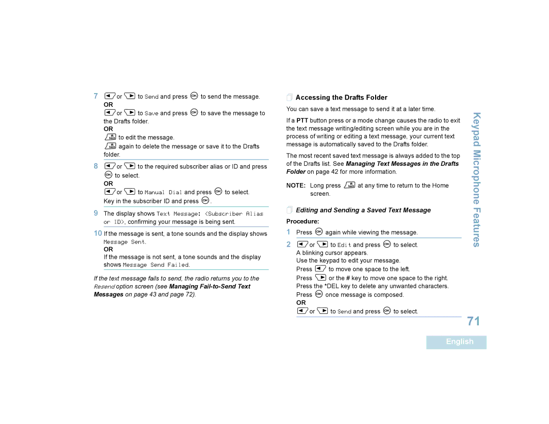 Motorola 4550, 4580 manual  Accessing the Drafts Folder,  Editing and Sending a Saved Text Message Procedure 