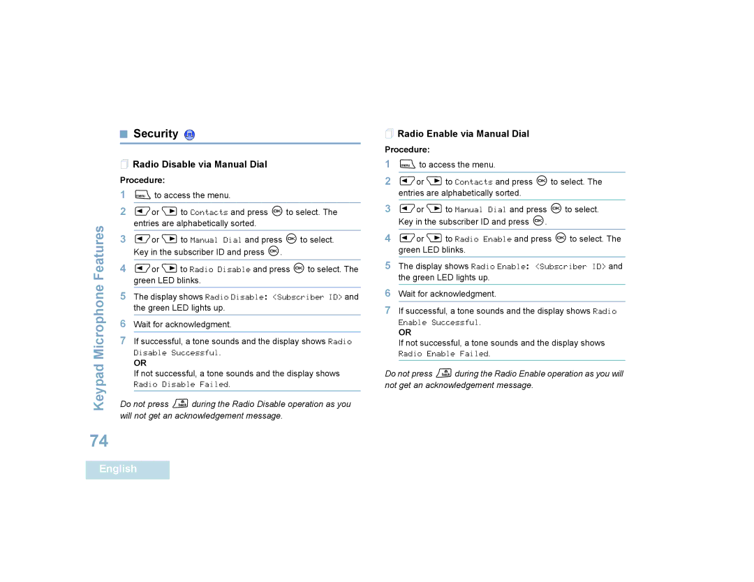 Motorola 4580, 4550 manual  Radio Disable via Manual Dial,  Radio Enable via Manual Dial 