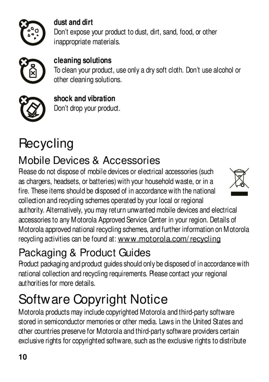 Motorola 4G LTE manual Recycling, Software Copyright Notice, Mobile Devices & Accessories Packaging & Product Guides 