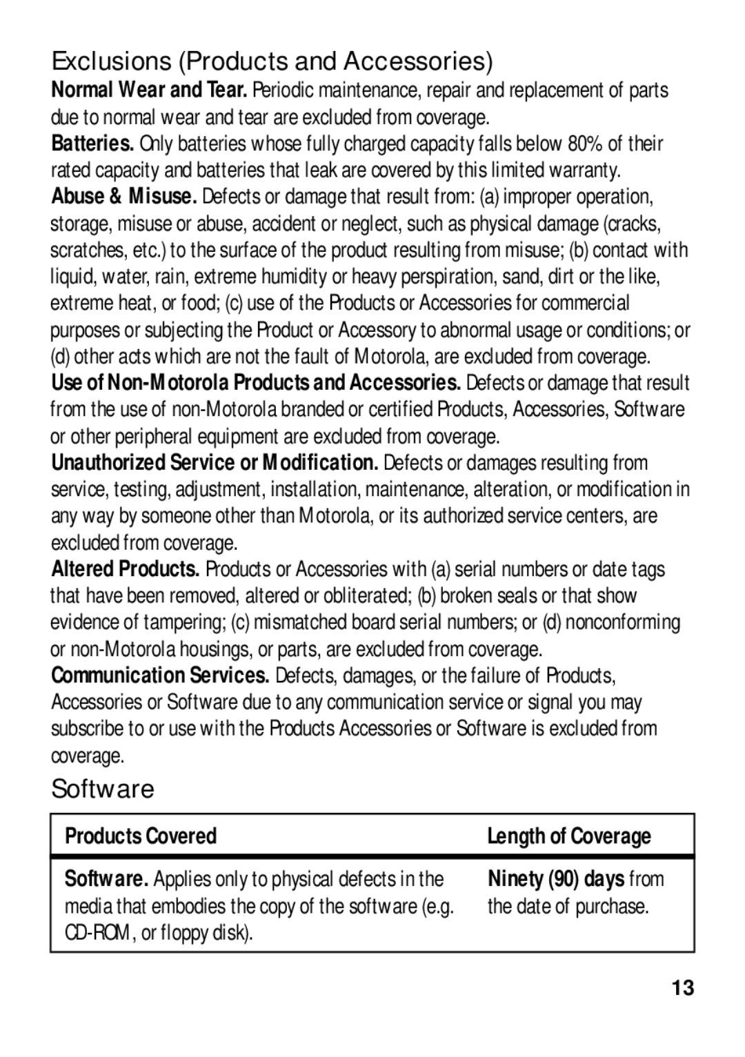 Motorola 4G LTE manual Exclusions Products and Accessories, Software, Products Covered, CD-ROM, or floppy disk 