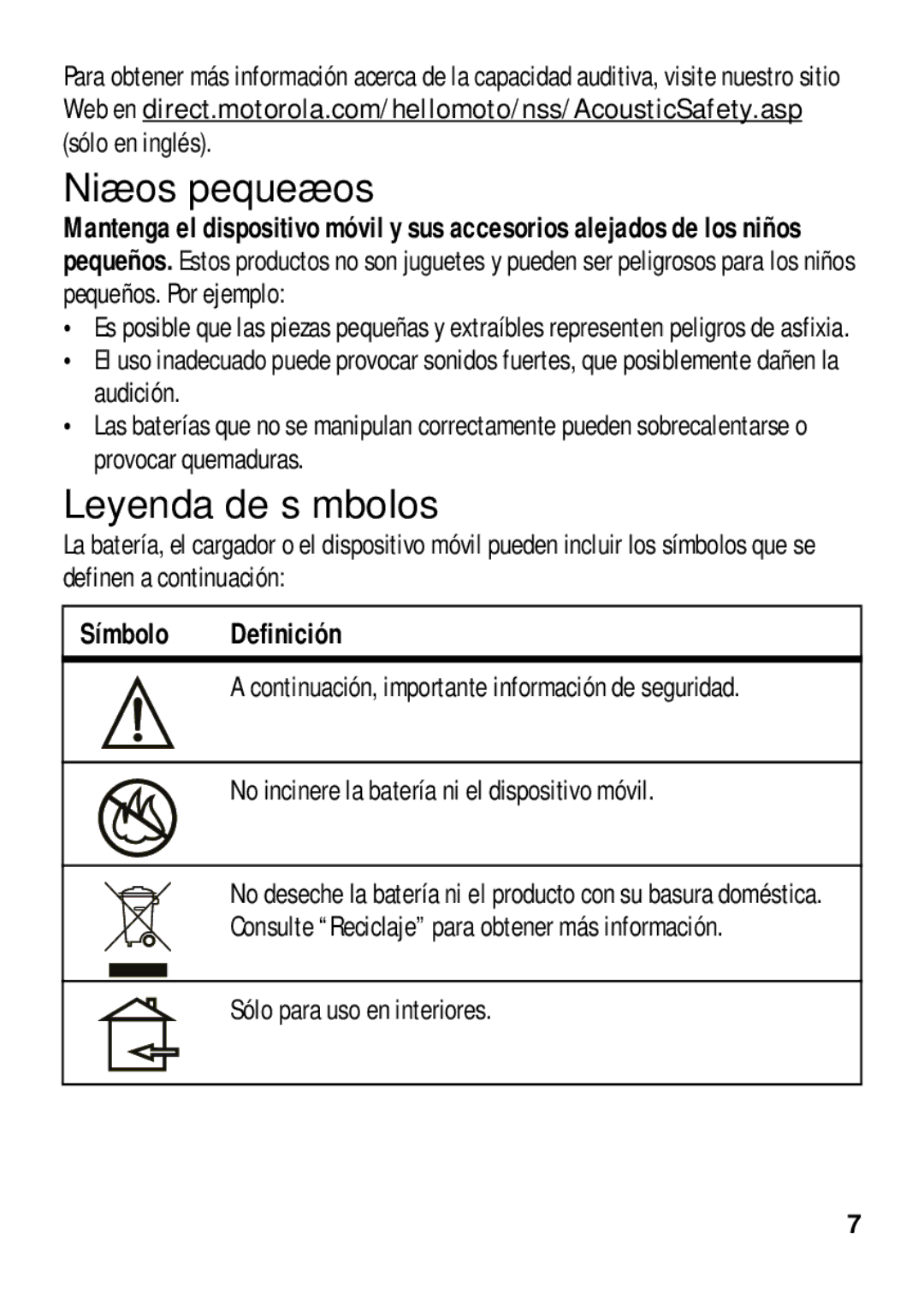 Motorola 4G LTE Niños pequeños, Leyenda de símbolos, Símbolo Definición, No incinere la batería ni el dispositivo móvil 