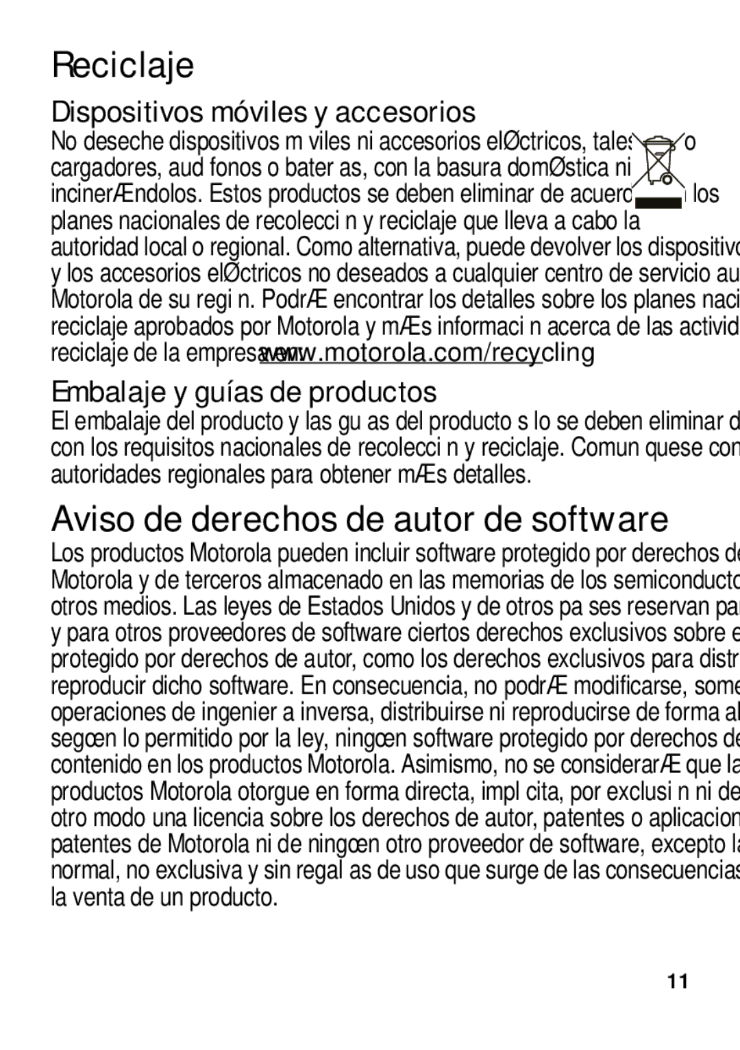 Motorola 4G LTE manual Reciclaje, Aviso de derechos de autor de software, Dispositivos móviles y accesorios 