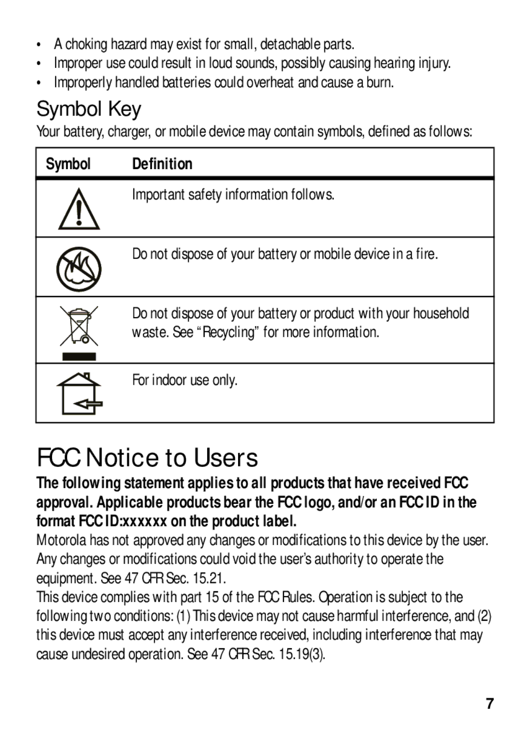 Motorola 4G LTE manual FCC Notice to Users, Symbol Key, Symbol Definition, For indoor use only 