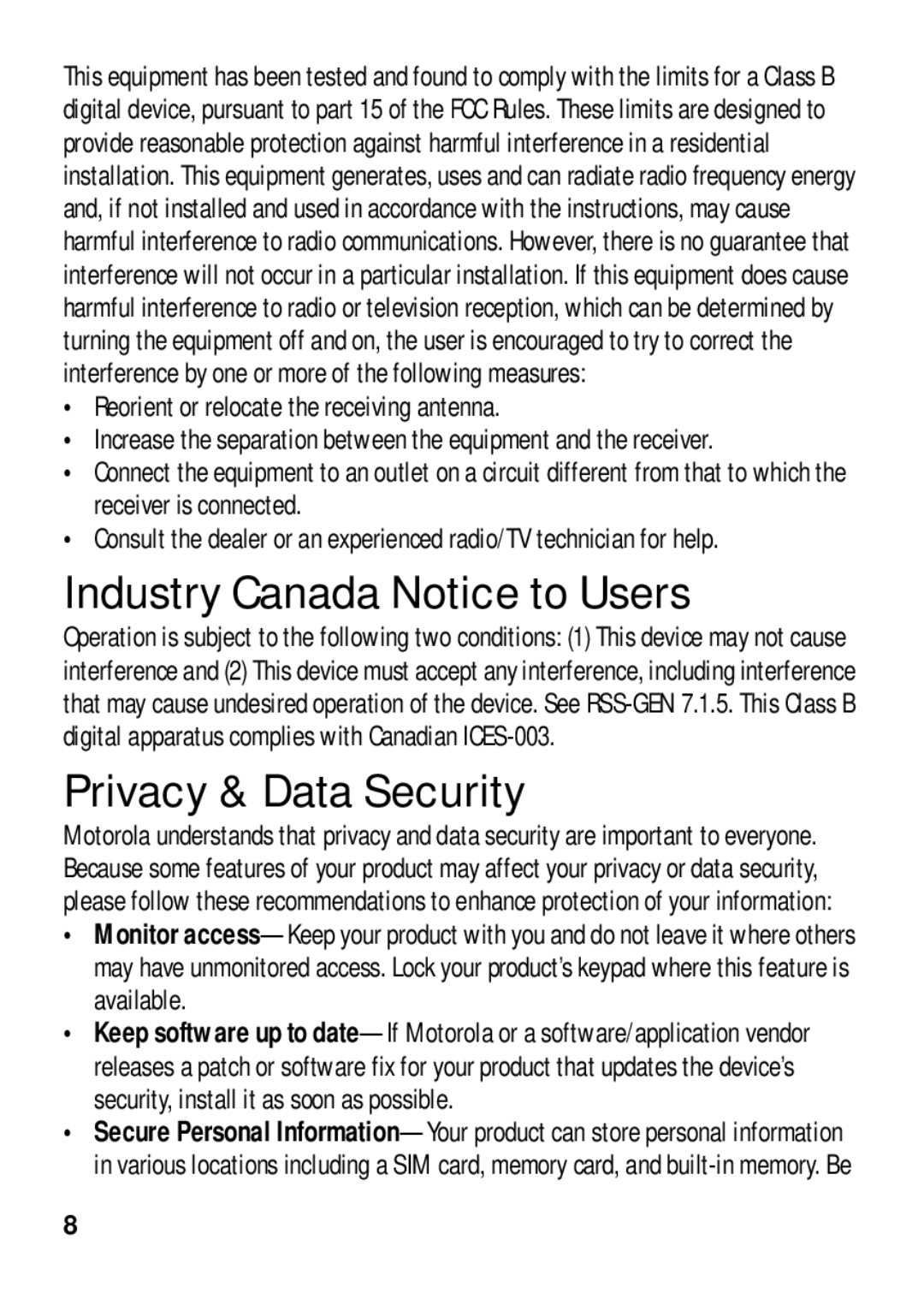 Motorola 4G LTE manual Industry Canada Notice to Users, Privacy & Data Security, Reorient or relocate the receiving antenna 