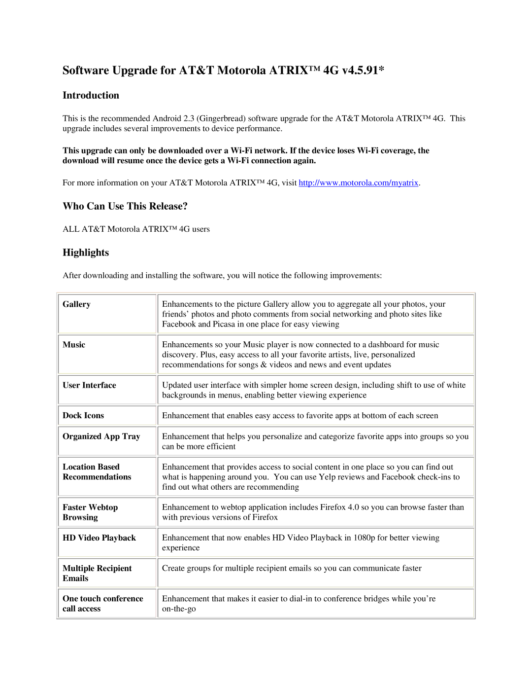 Motorola manual Software Upgrade for AT&T Motorola Atrix 4G, Introduction, Who Can Use This Release?, Highlights 