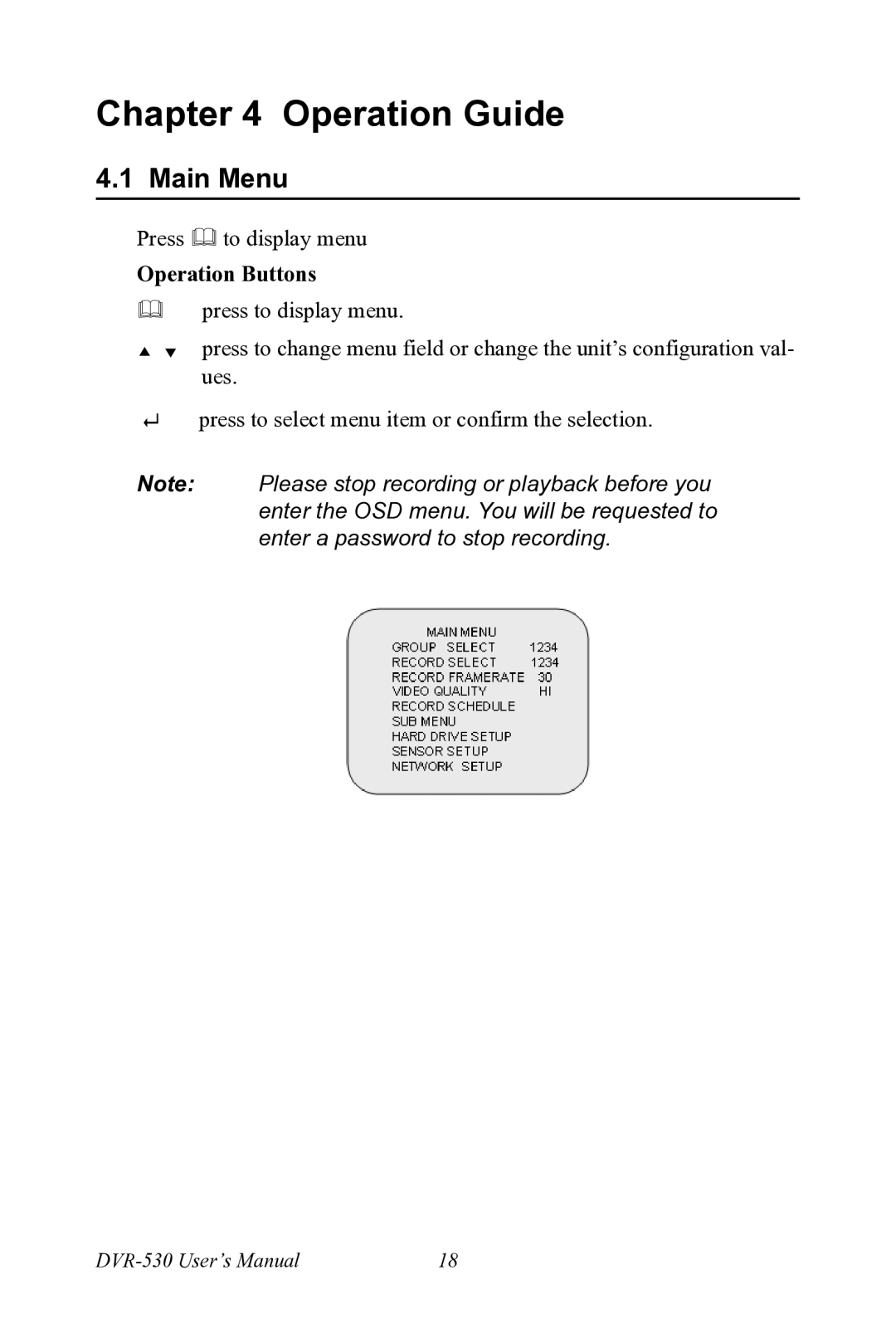 Motorola 530 user manual Main Menu, Operation Buttons 