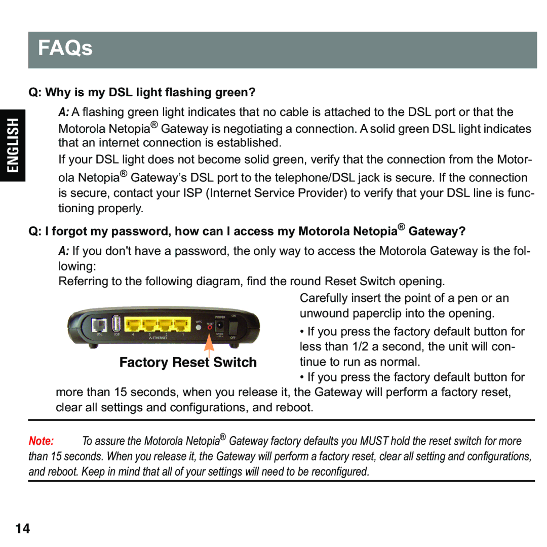 Motorola 579765-003-00 user manual FAQs, Why is my DSL light flashing green? 