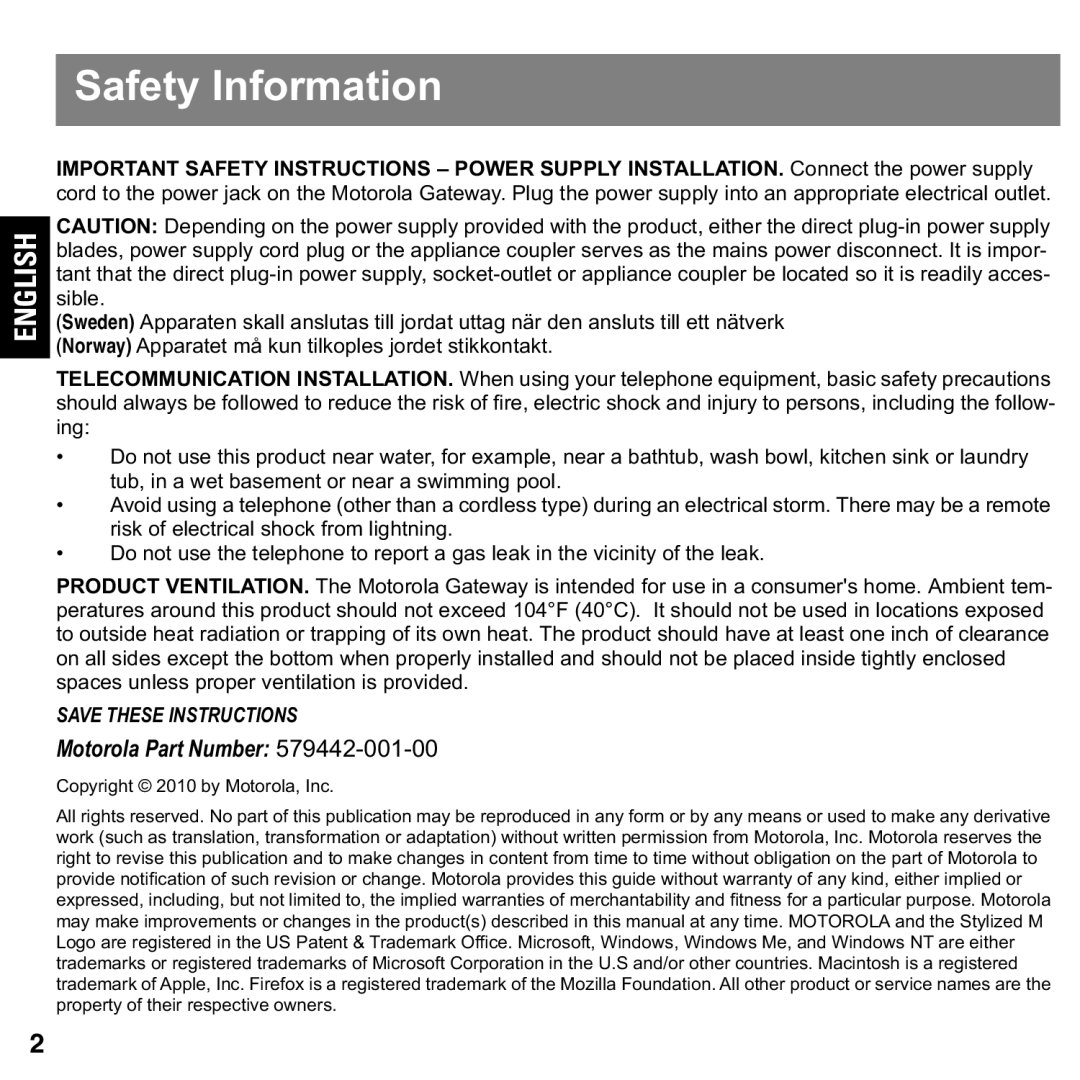 Motorola 579765-003-00 user manual Safety Information, English 