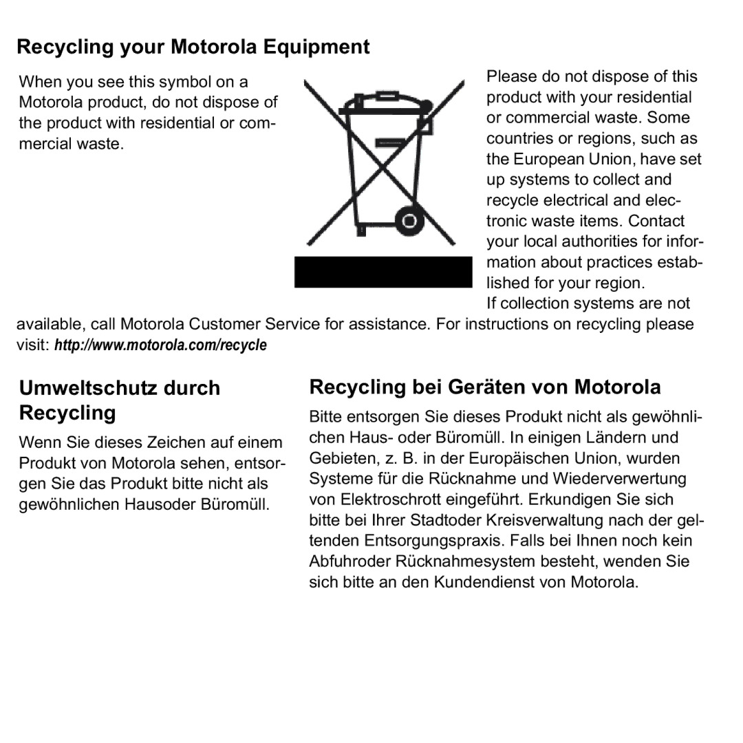 Motorola 579765-003-00 user manual Umweltschutz durch Recycling 