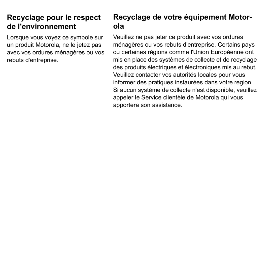 Motorola 579765-003-00 user manual Recyclage pour le respect 