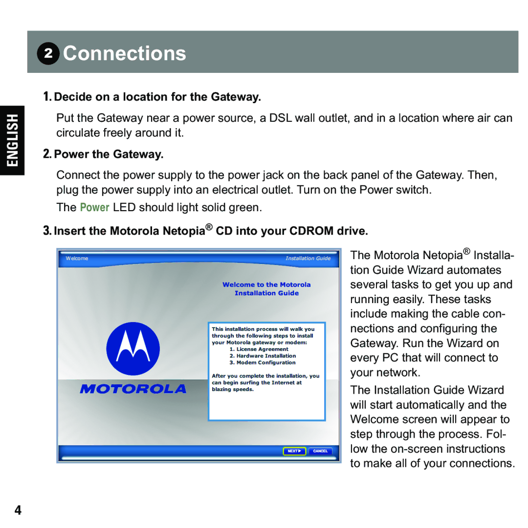 Motorola 579765-003-00 user manual Connections, Decide on a location for the Gateway, Power the Gateway 