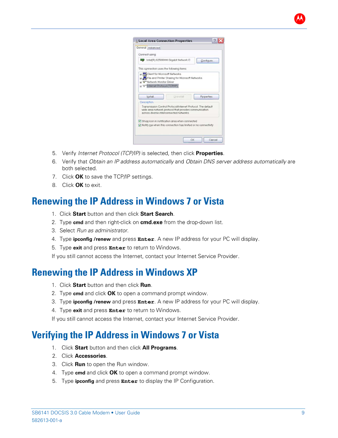 Motorola 581902-022-00 manual Renewing the IP Address in Windows 7 or Vista, Renewing the IP Address in Windows XP 