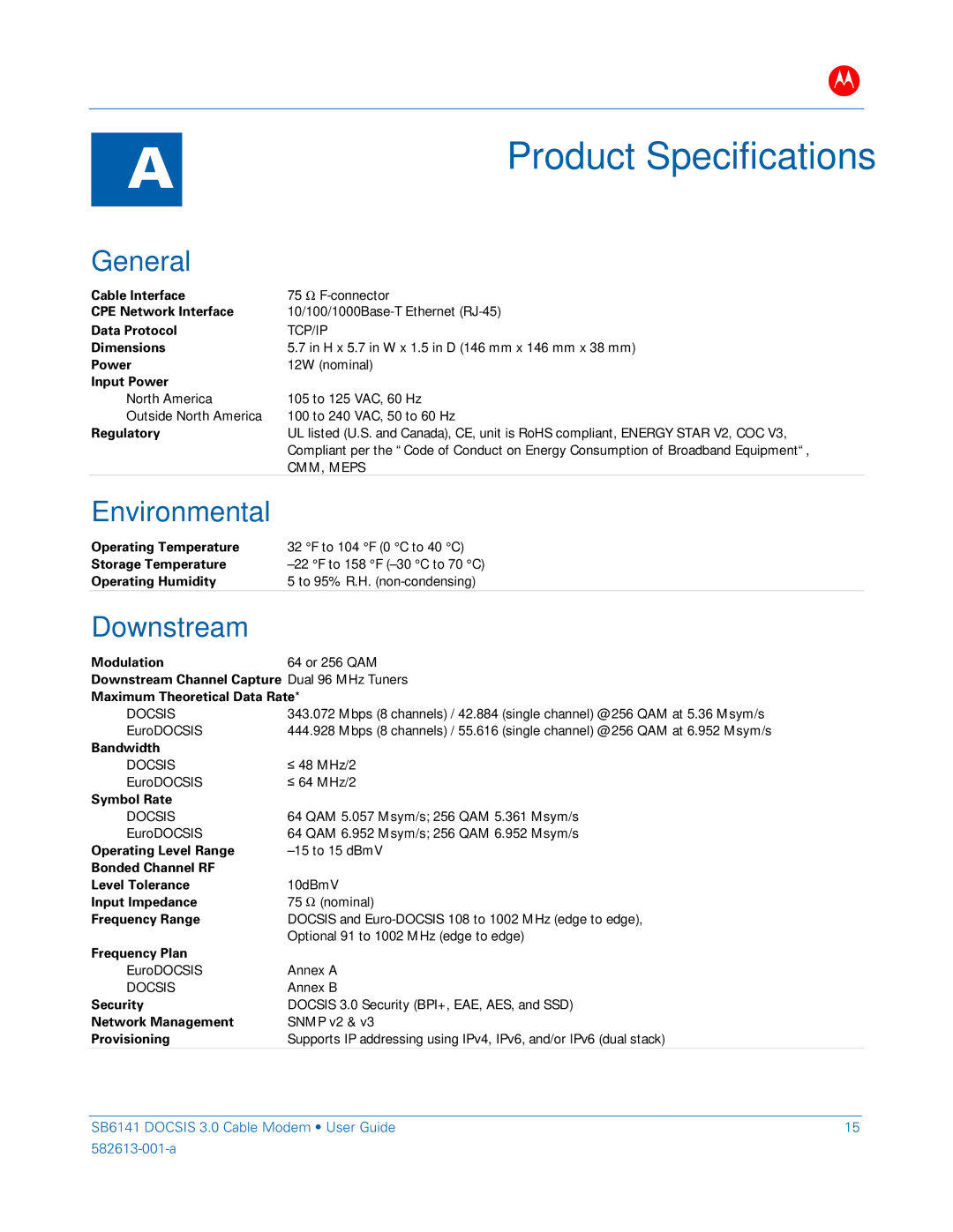 Motorola 581902-022-00 manual General, Environmental, Downstream 