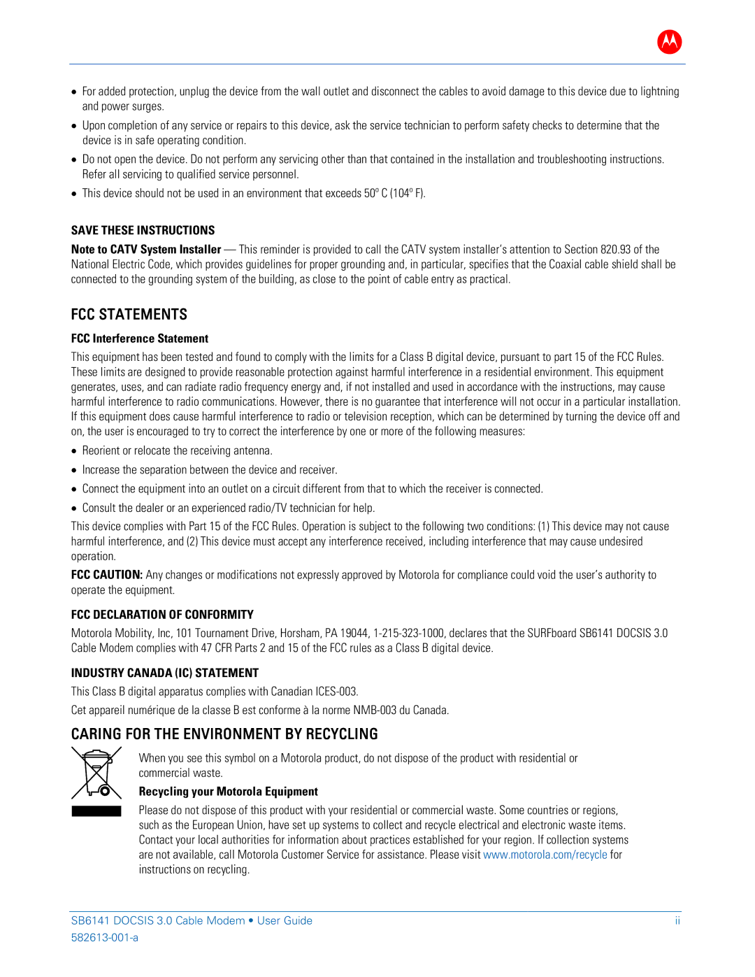 Motorola 581902-022-00 manual FCC Interference Statement, Recycling your Motorola Equipment 