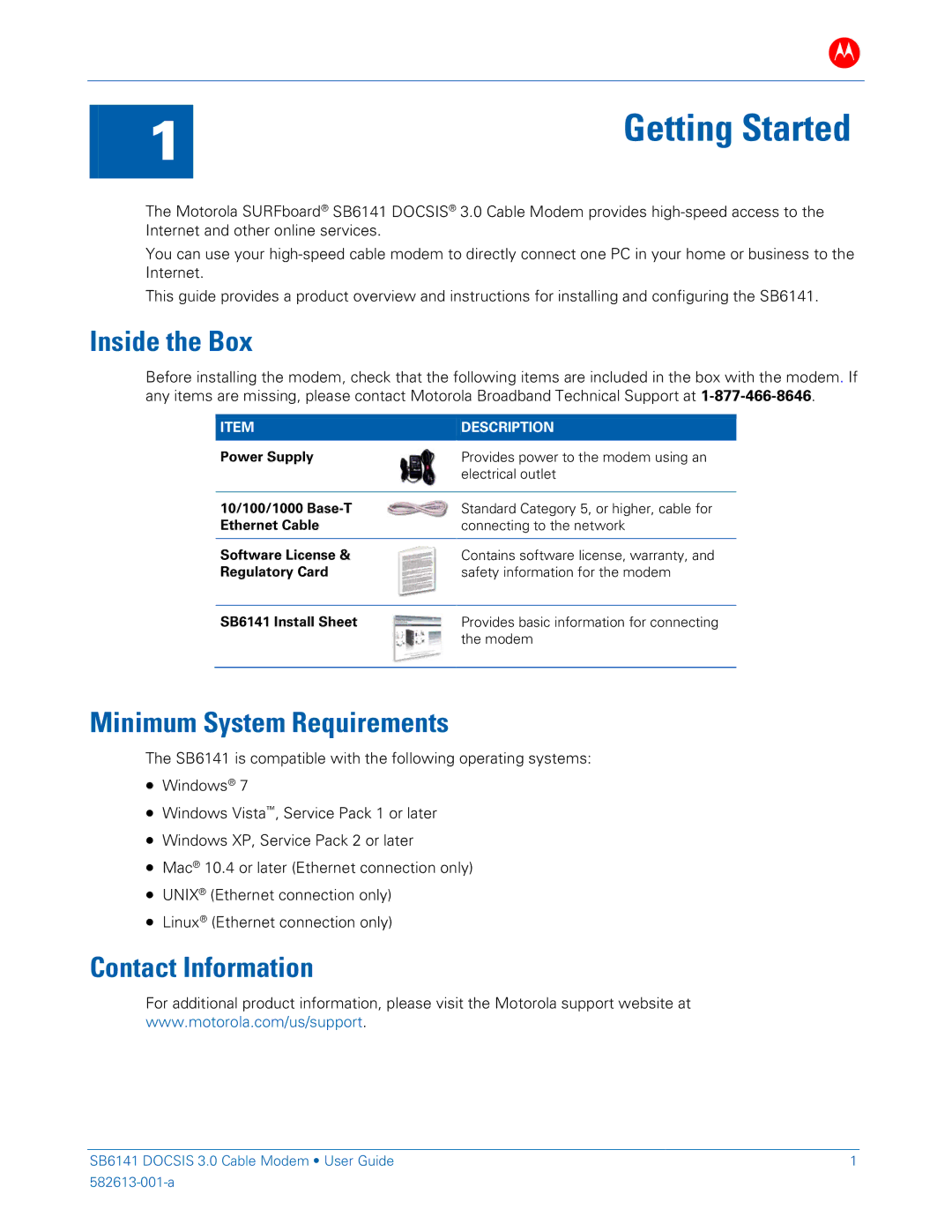 Motorola 581902-022-00 manual Getting Started, Inside the Box, Minimum System Requirements, Contact Information 