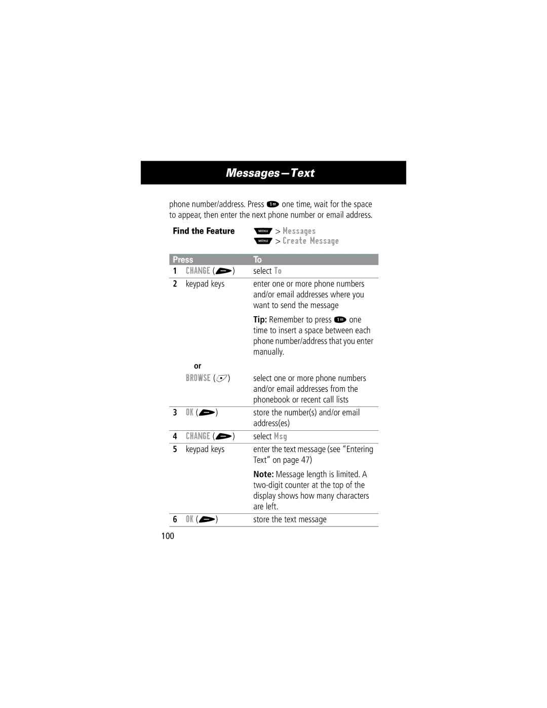 Motorola 60C manual Create Message, Browse + 