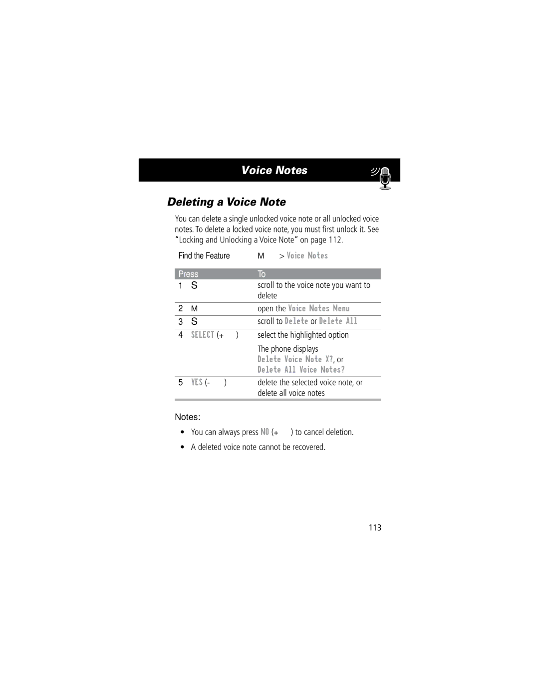 Motorola 60C Deleting a Voice Note, Scroll to Delete or Delete All, Delete Voice Note X? , or, Delete All Voice Notes? 