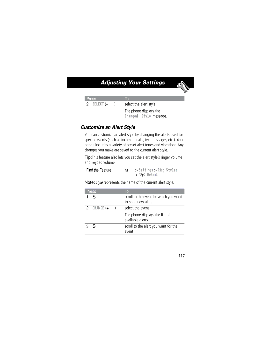 Motorola 60C manual Adjusting Your Settings, Customize an Alert Style, Changed Style message 