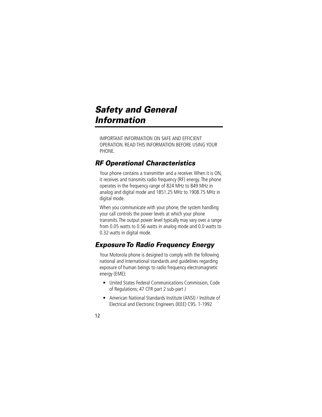 Motorola 60C manual Safety and General Information, RF Operational Characteristics, Exposure To Radio Frequency Energy 