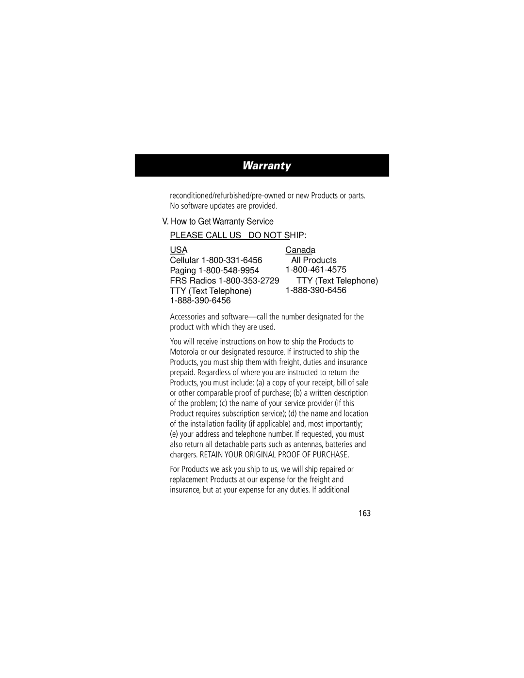 Motorola 60C manual How to Get Warranty Service, Canada, Cellular All Products Paging FRS Radios, TTY Text Telephone, 163 