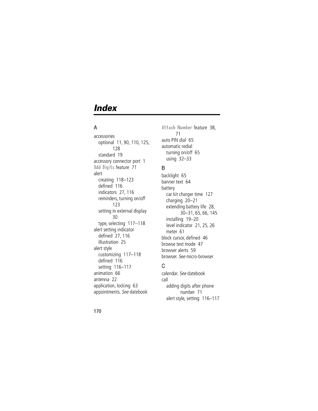 Motorola 60C manual Index, Attach Number feature 