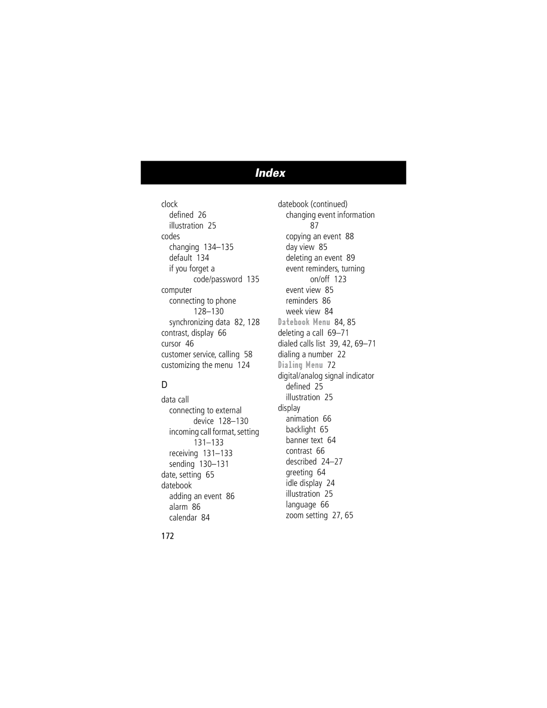 Motorola 60C manual Codes, Contrast, display 66 cursor, Data call, Incoming call format, setting 