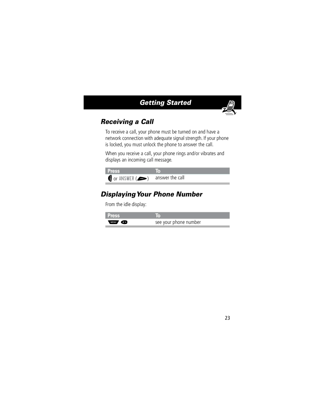 Motorola 60C manual Receiving a Call, Displaying Your Phone Number, PressTo, Press See your phone number 