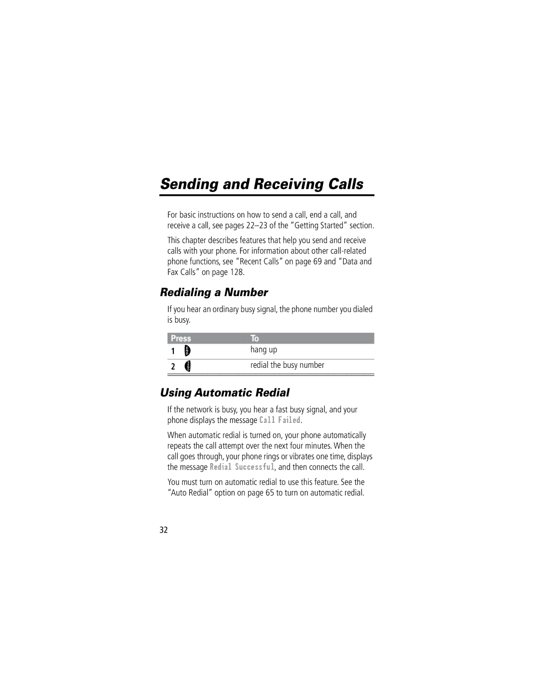 Motorola 60C Sending and Receiving Calls, Redialing a Number, Using Automatic Redial, Press Hang up Redial the busy number 