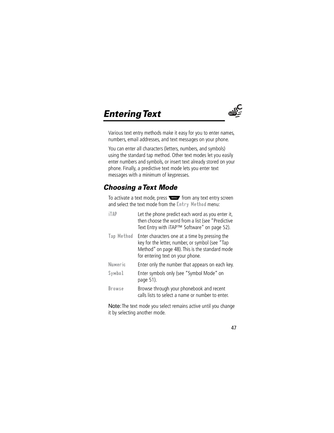 Motorola 60C manual Entering Text, Choosing a Text Mode 