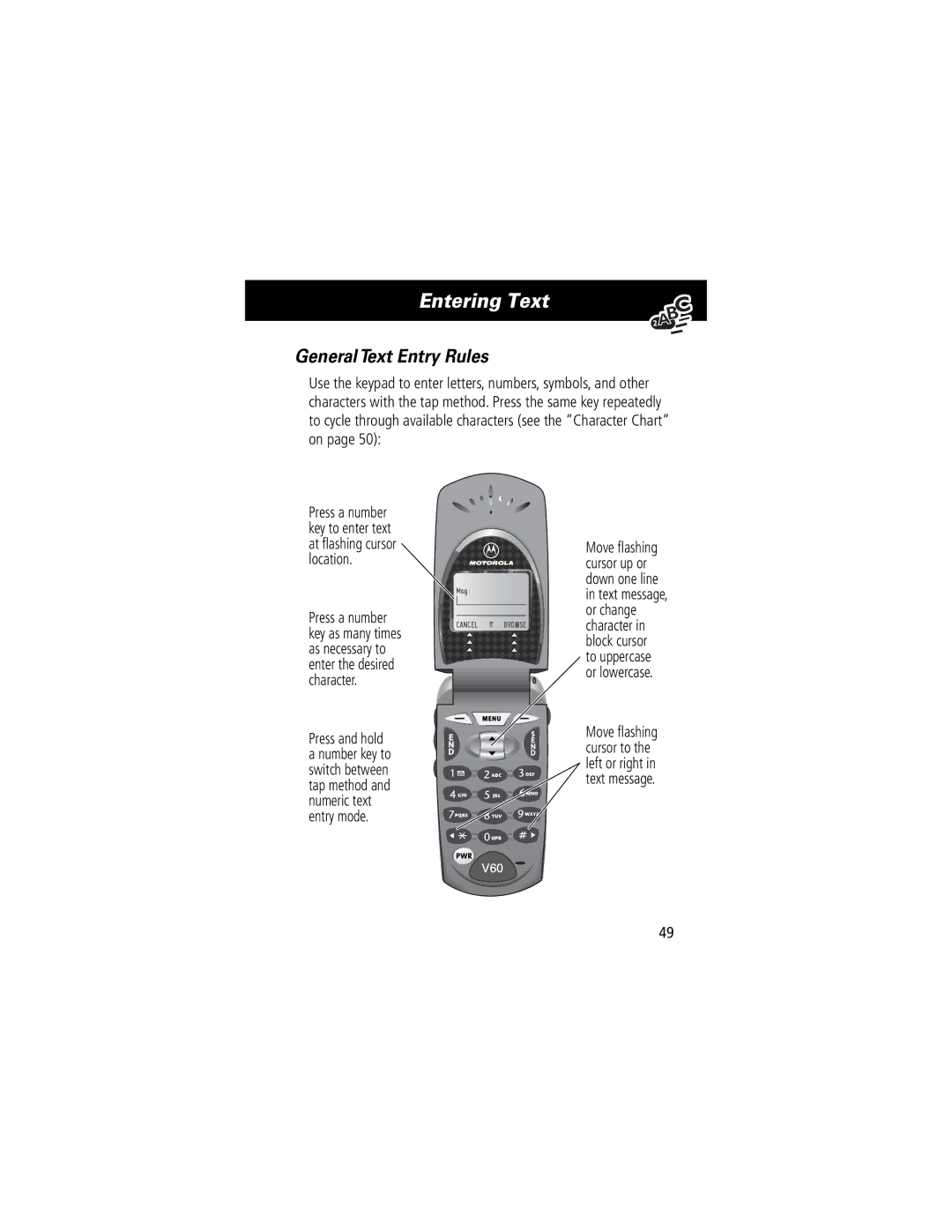 Motorola 60C manual General Text Entry Rules, Press a number key to enter text at ﬂashing cursor location 