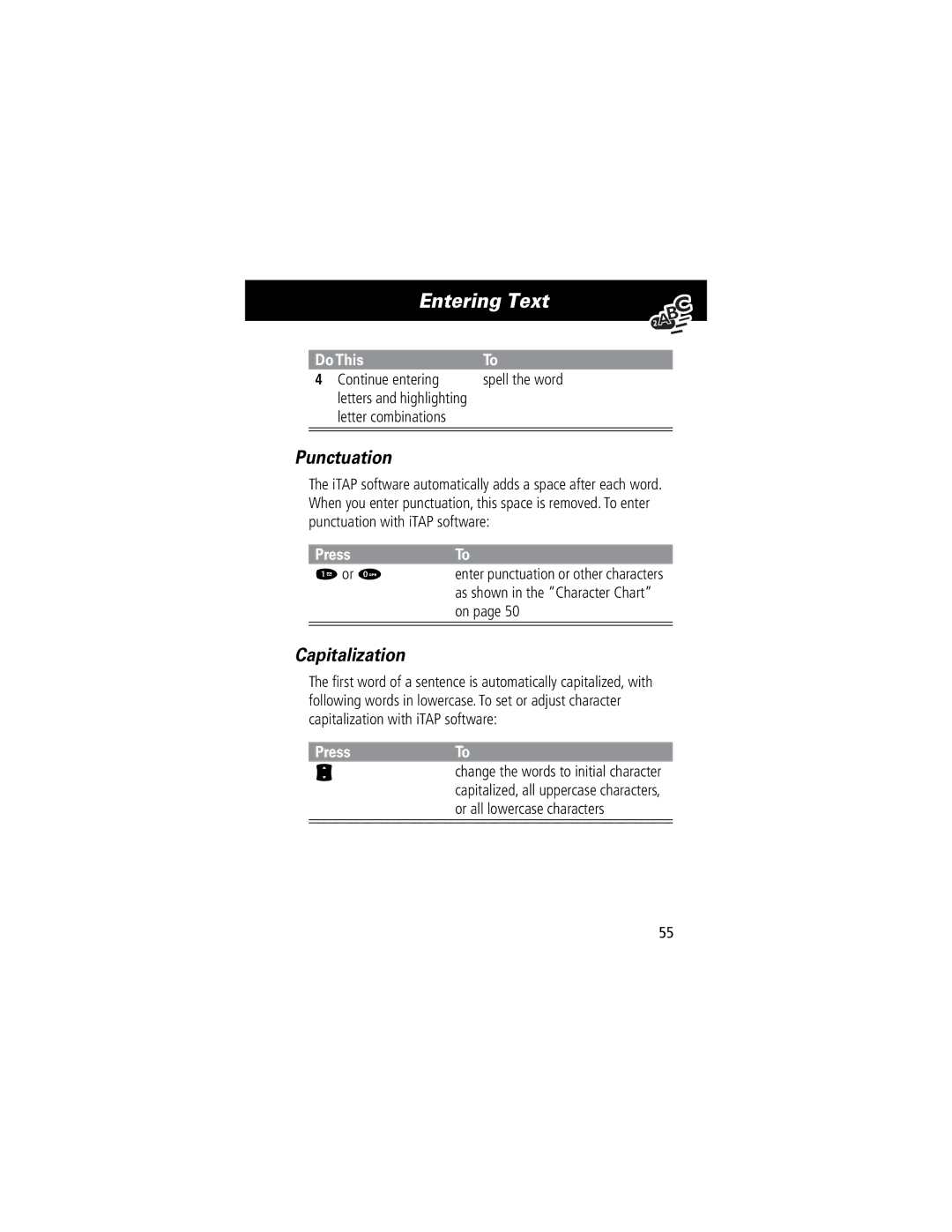 Motorola 60C manual Punctuation, Capitalization, Continue entering Spell the word, Letter combinations 