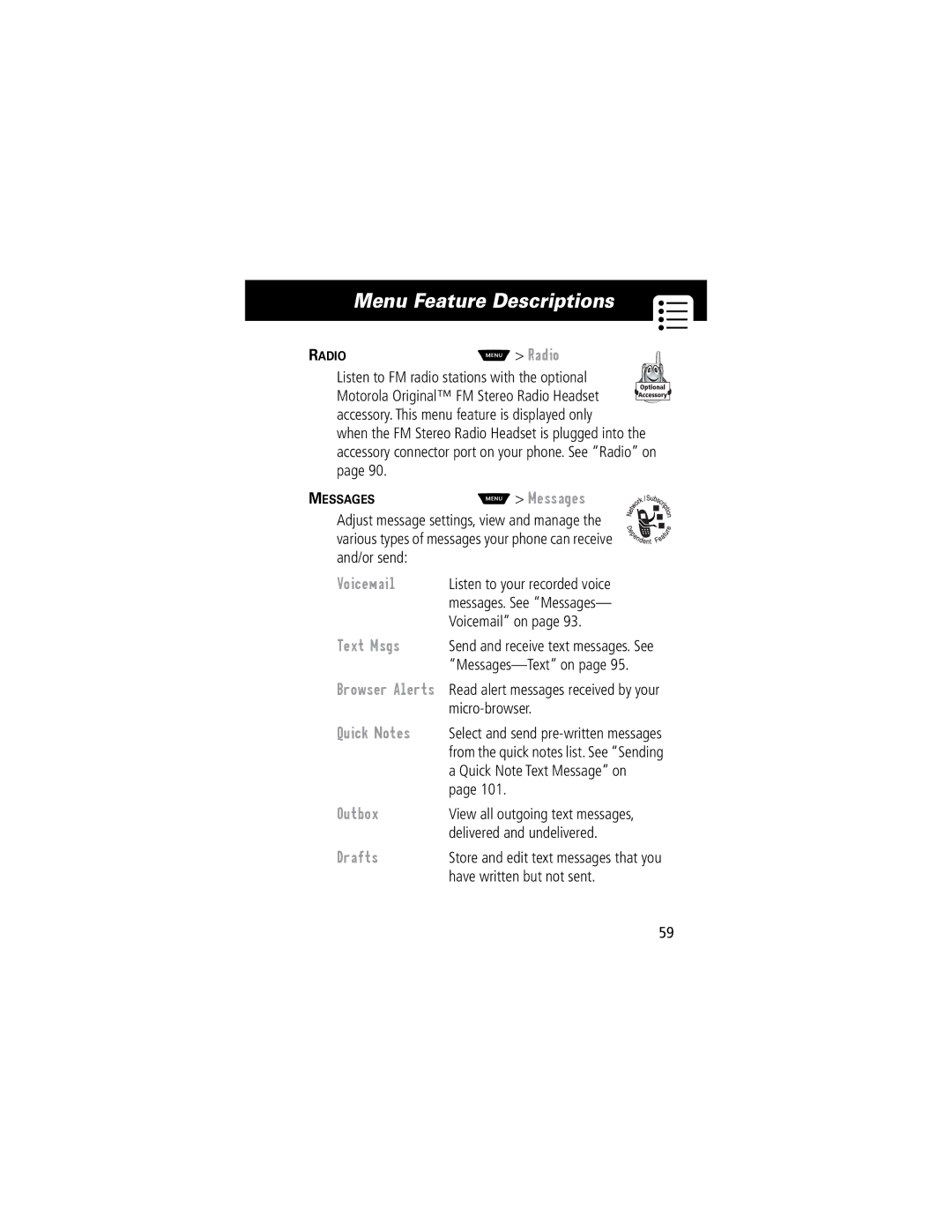 Motorola 60C manual Voicemail, Text Msgs, Browser Alerts, Quick Notes, Outbox, Drafts 