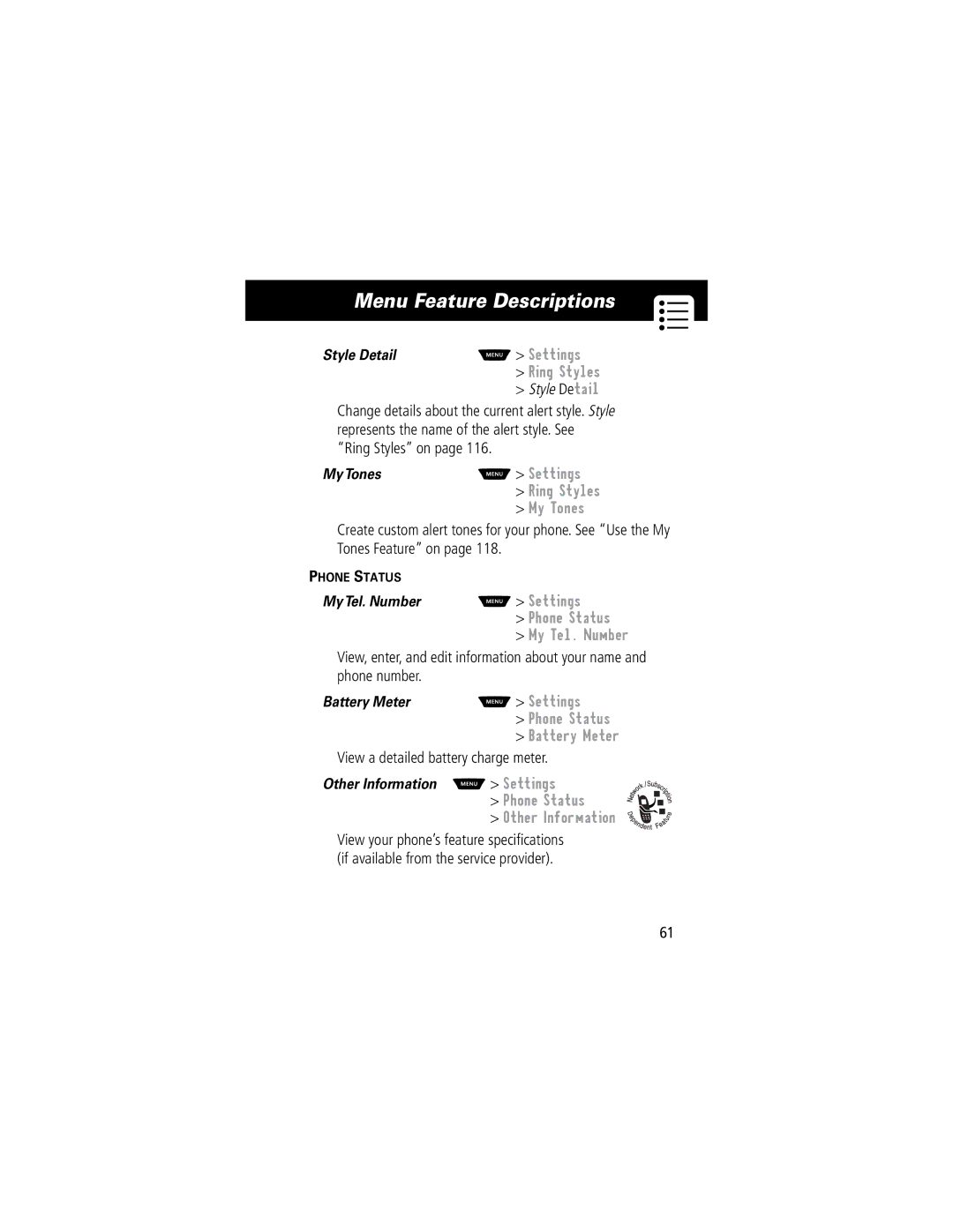 Motorola 60C manual My Tones, Settings Phone Status Battery Meter, View a detailed battery charge meter 